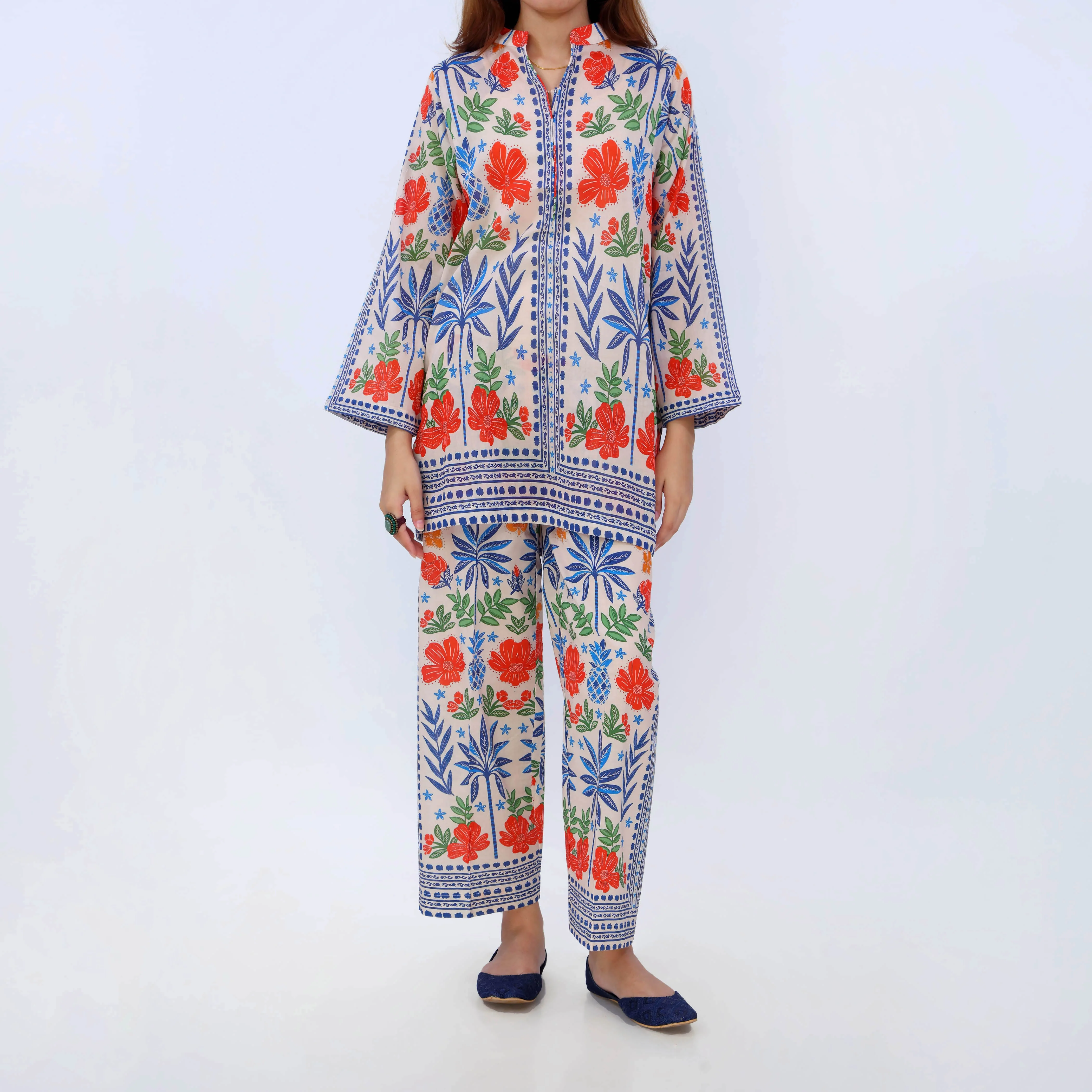 2PC- Digital Printed Cotton Cambric Co-Ord Set PS5509