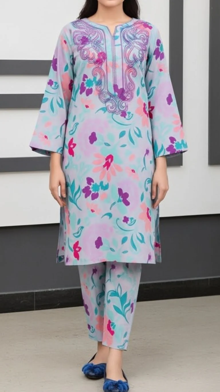 2PC- Digital Printed Cotton Cambric Co-Ord Set PW5073
