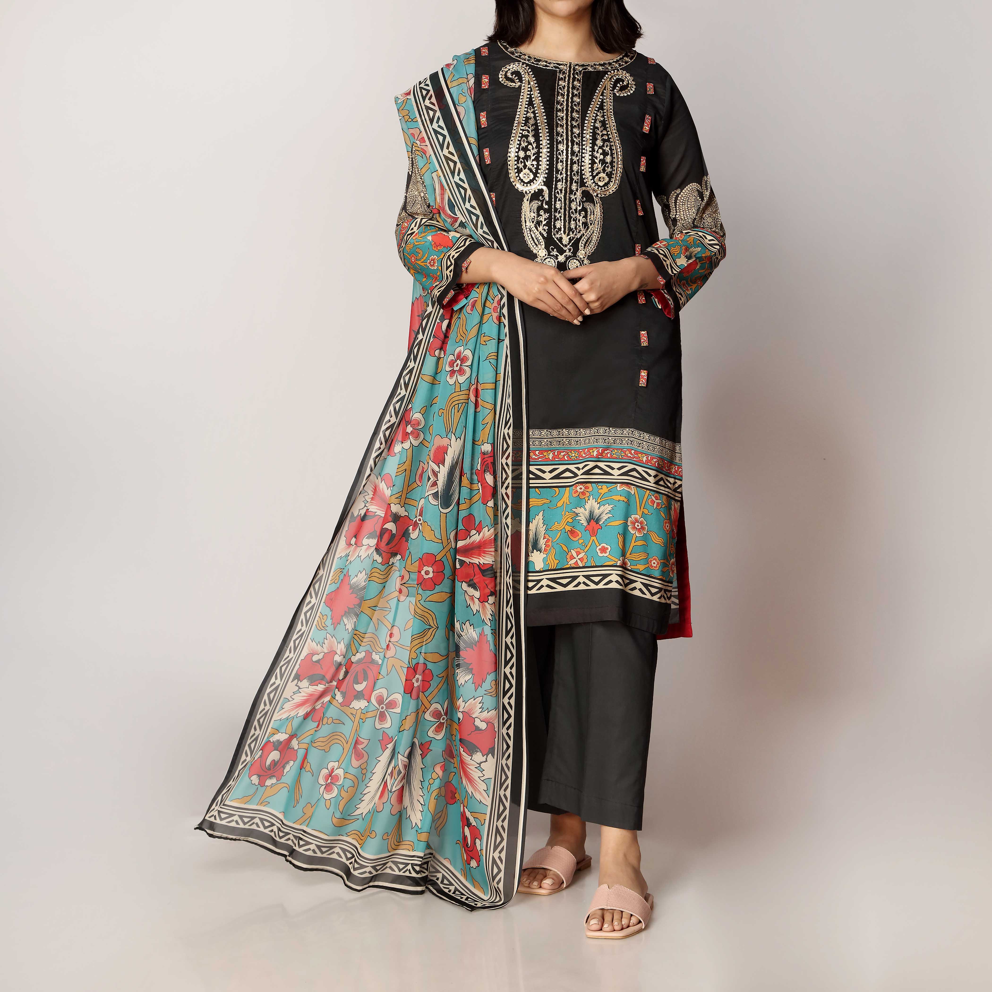 2PC- Digital Printed Lawn Embroidered Shirt With Silk Dupatta PS3164