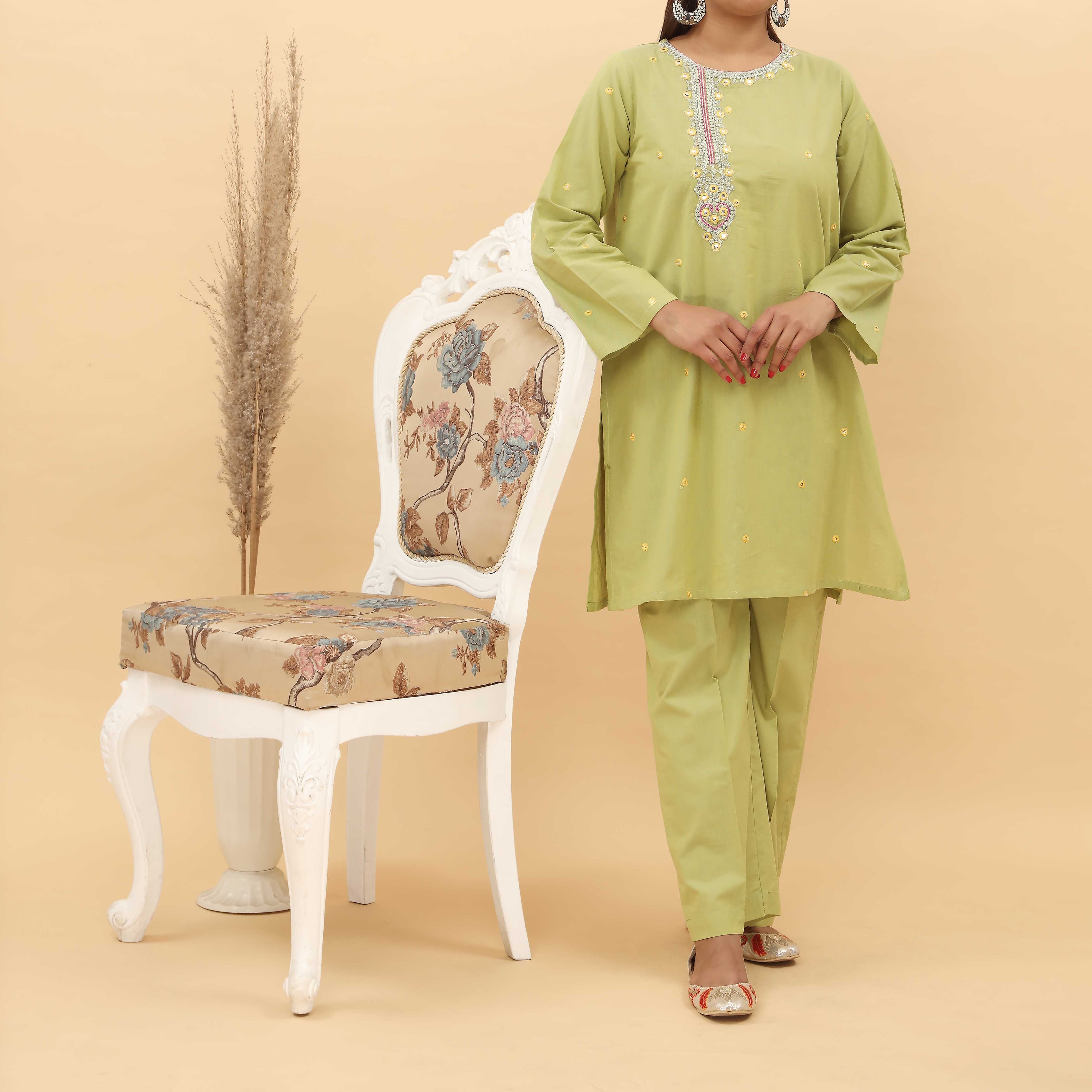 2PC- Embroidered Chambray Cotton Suit PS5059