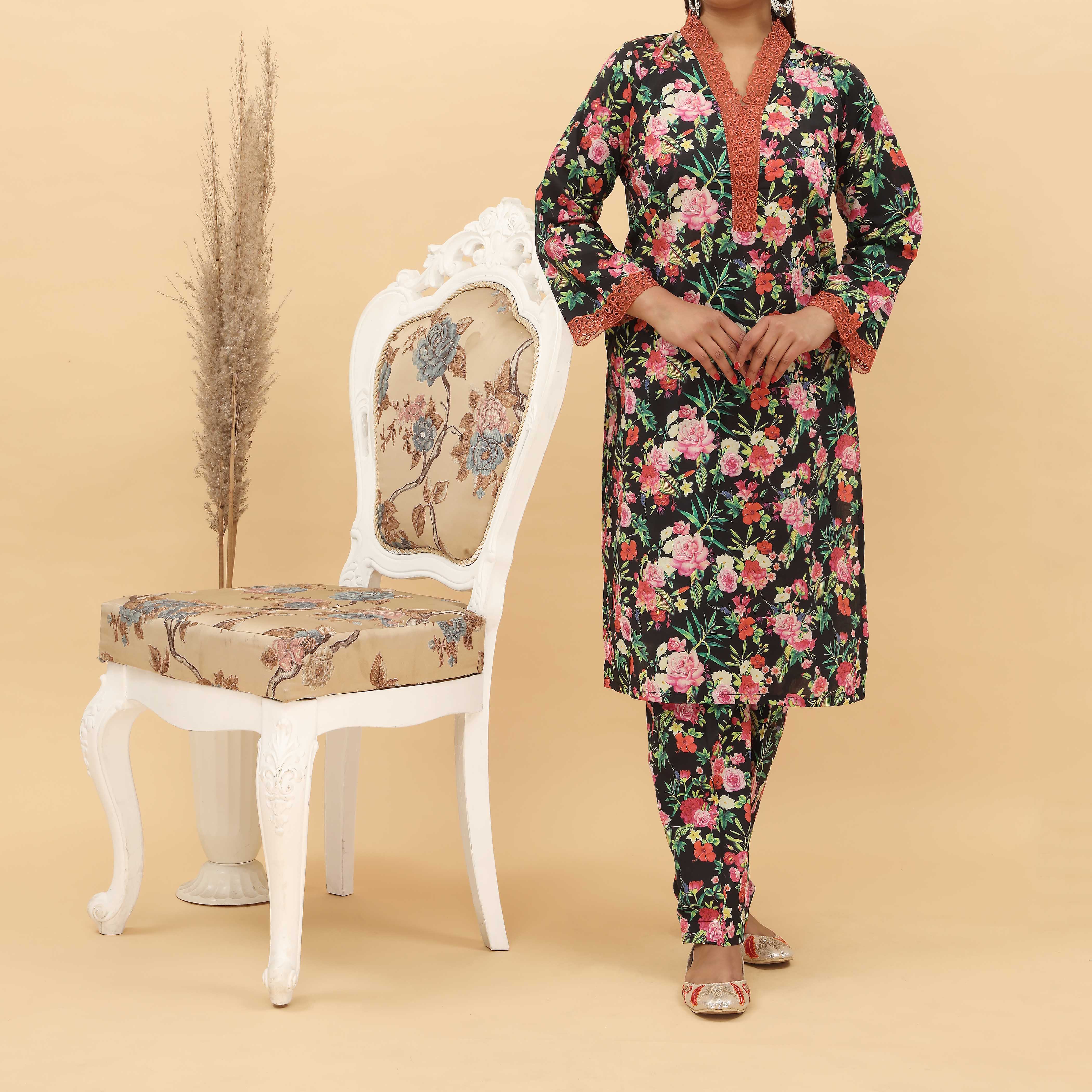 2PC- Embroidered Digital Printed Cotton Cambric Suit PS5132