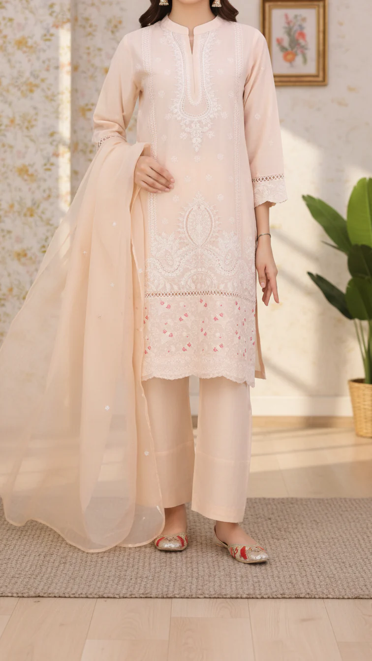 3PC Embroidered Cotton Cambric Suite