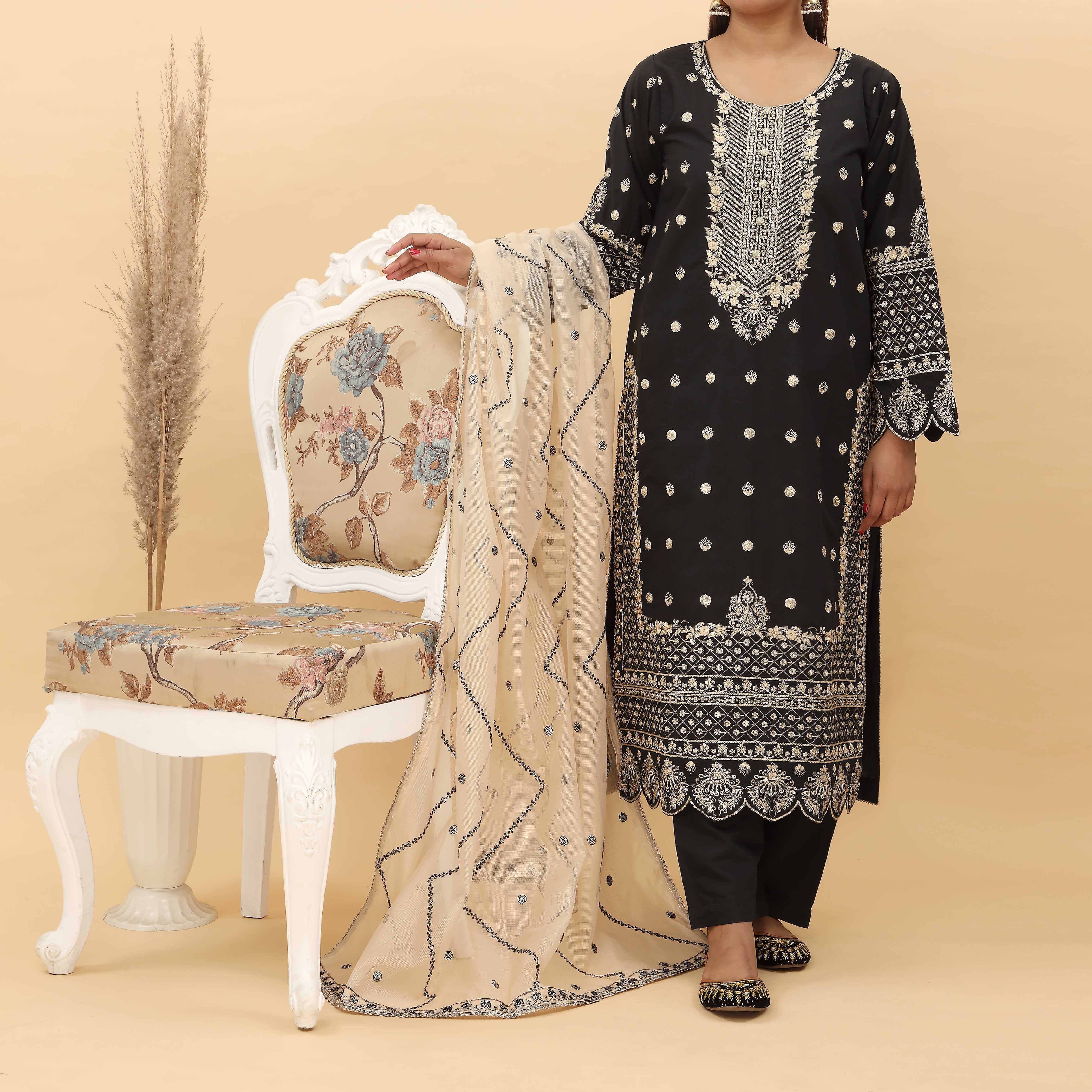 3PC- Embroidered Khadi Net Suit PF5039