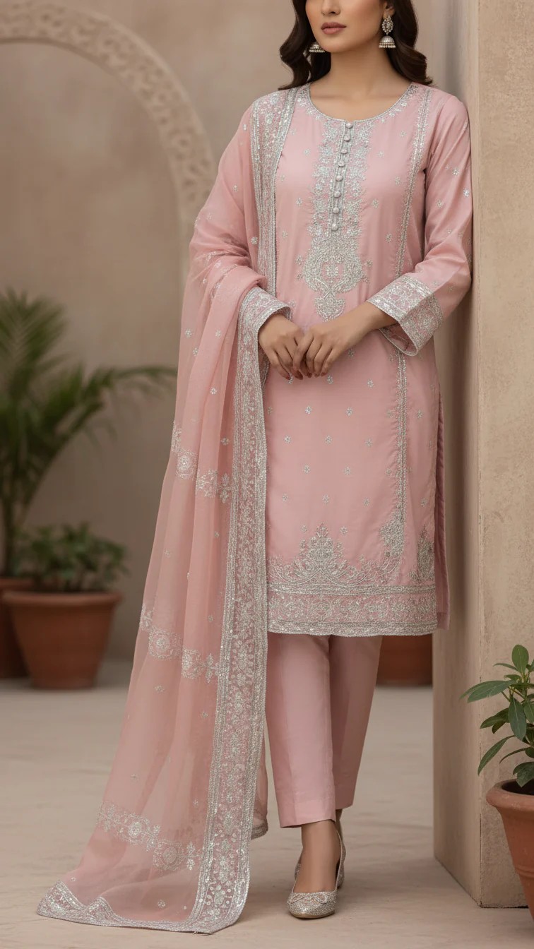 3PC- Embroidered Khadi Net Suit PF5060
