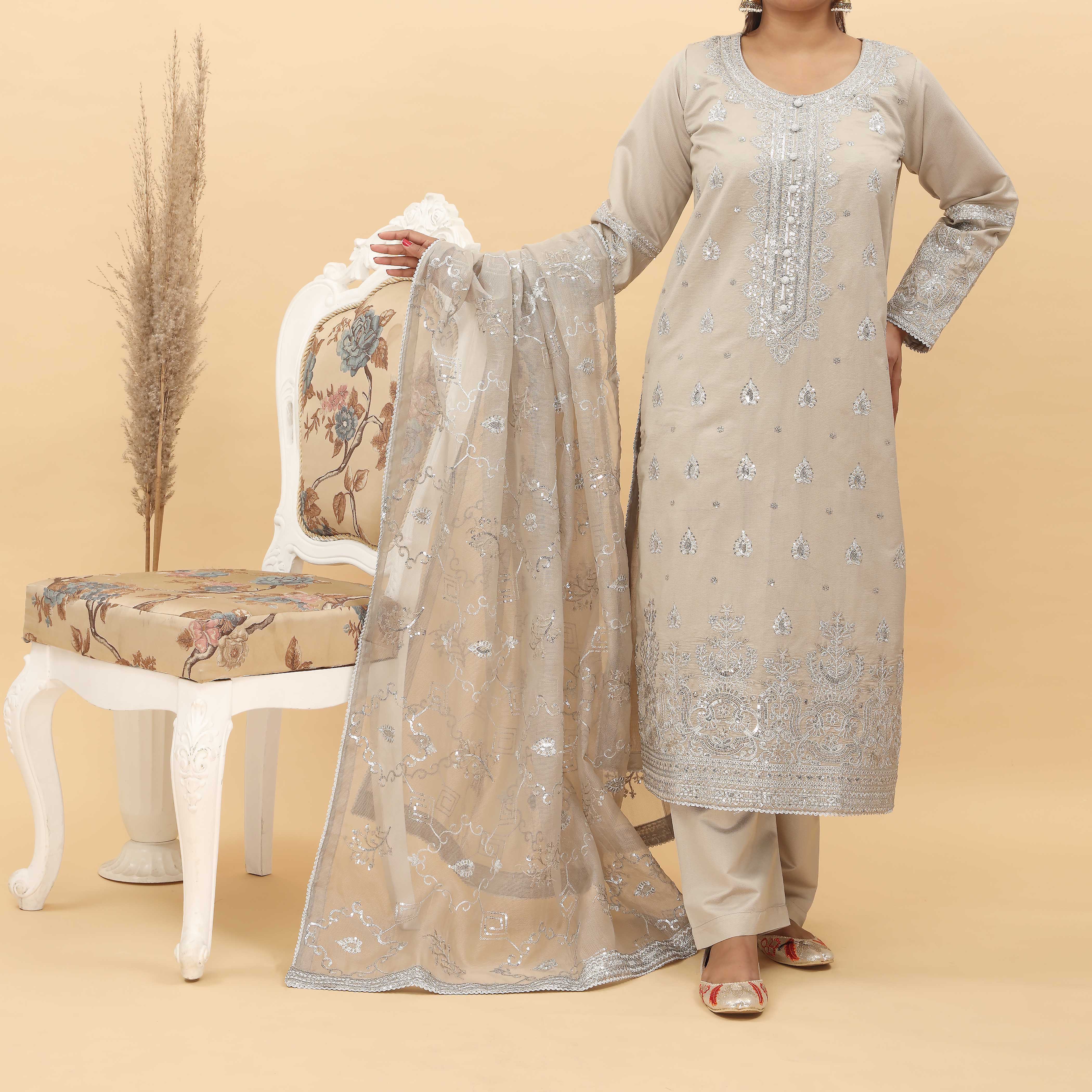 3PC- Embroidered Khadi Net Suit PF5076 - Image 2
