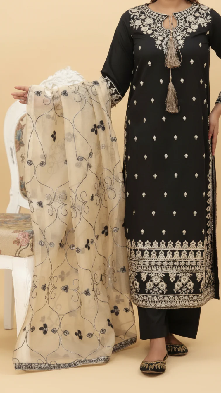 3PC- Embroidered Khadi Net Suit PF5091