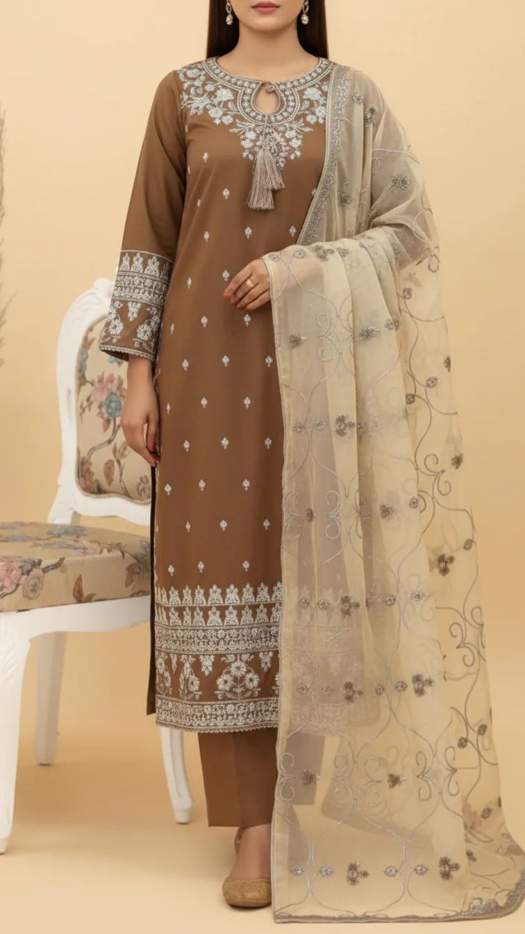 3PC- Embroidered Khadi Net Suit PF5094
