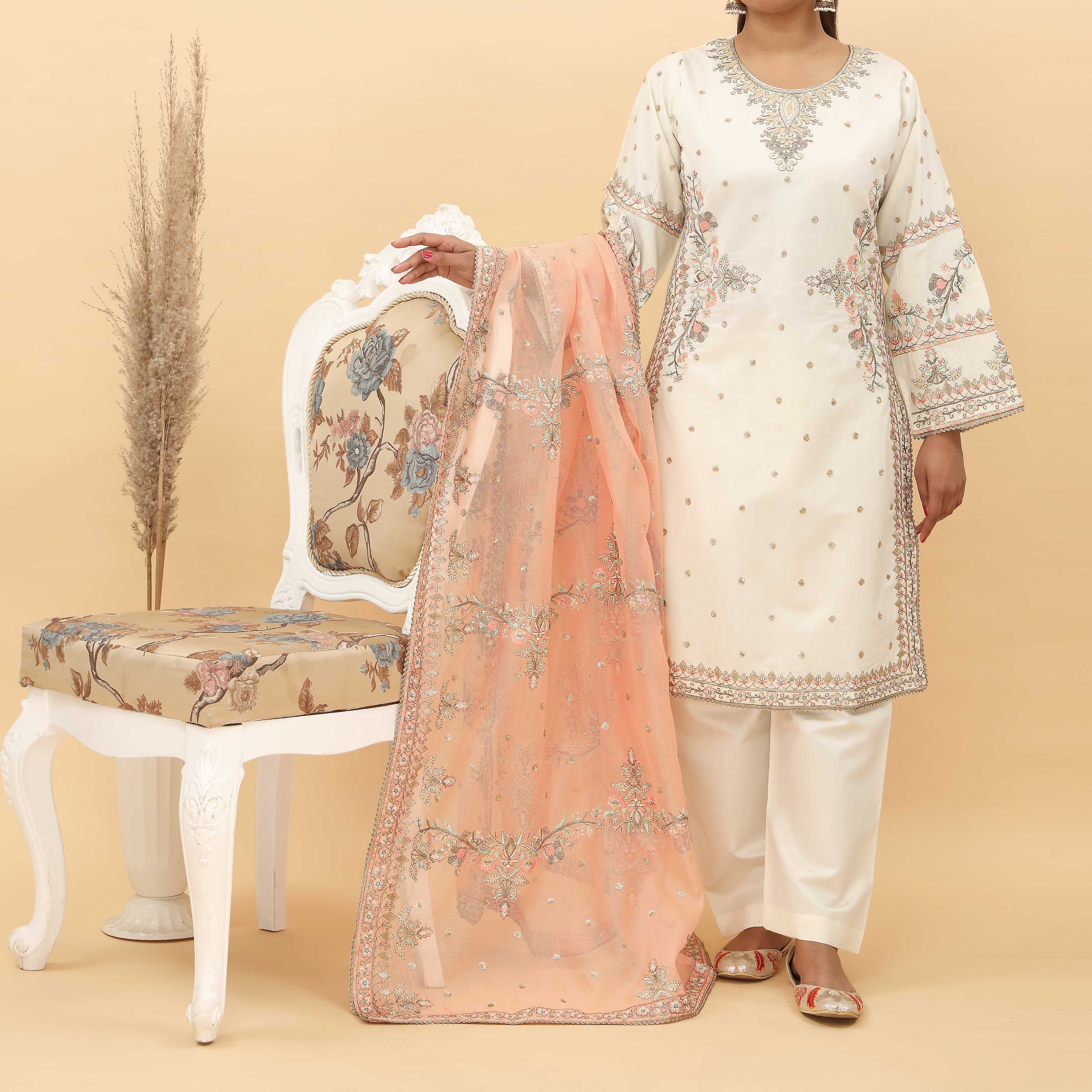 3PC- Embroidered Khadi Net Suit PF5125 - Image 2