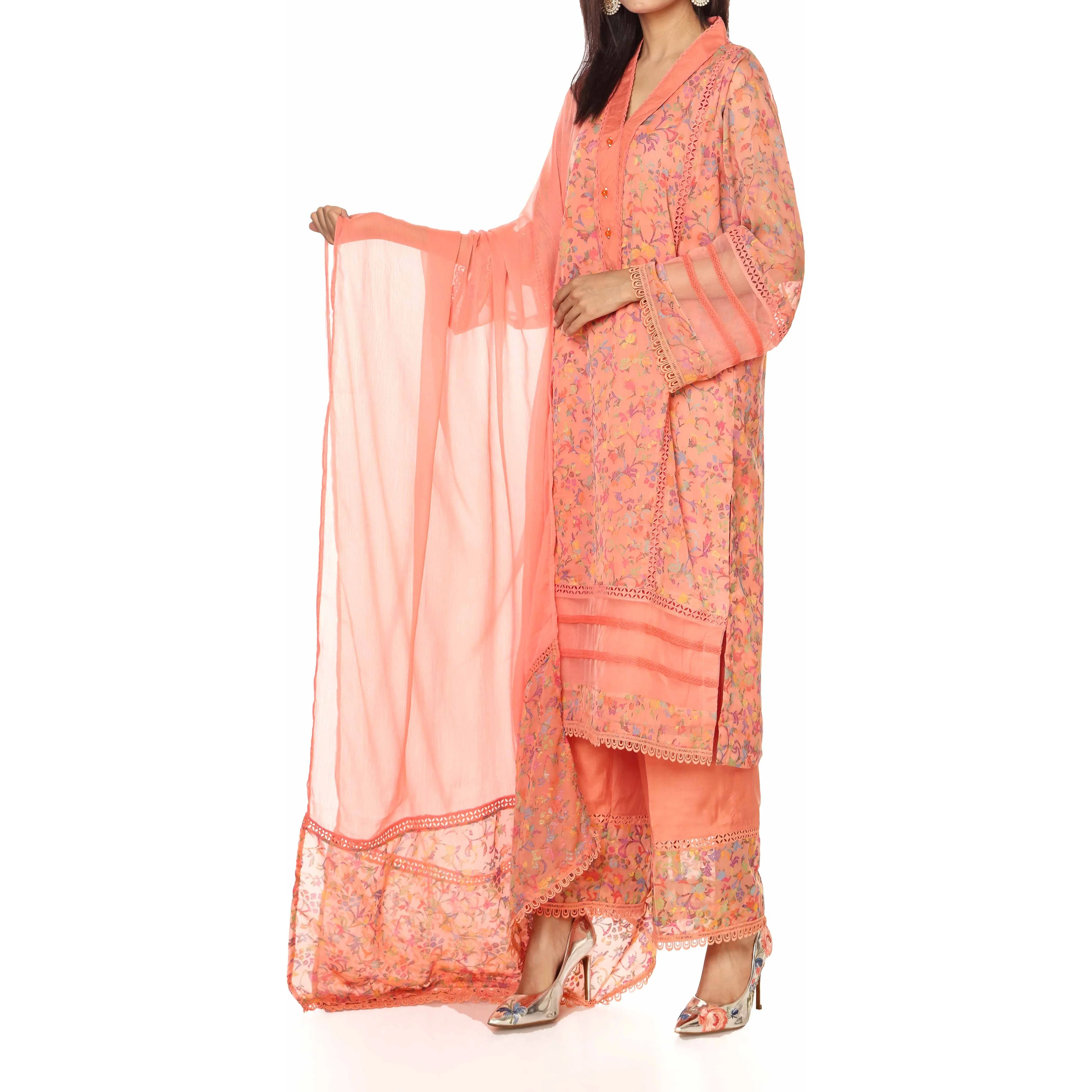 3PC- Georget Embellished Shirt with Chiffion Dupatta & Raw Silk Trousers PW2253 - Image 2