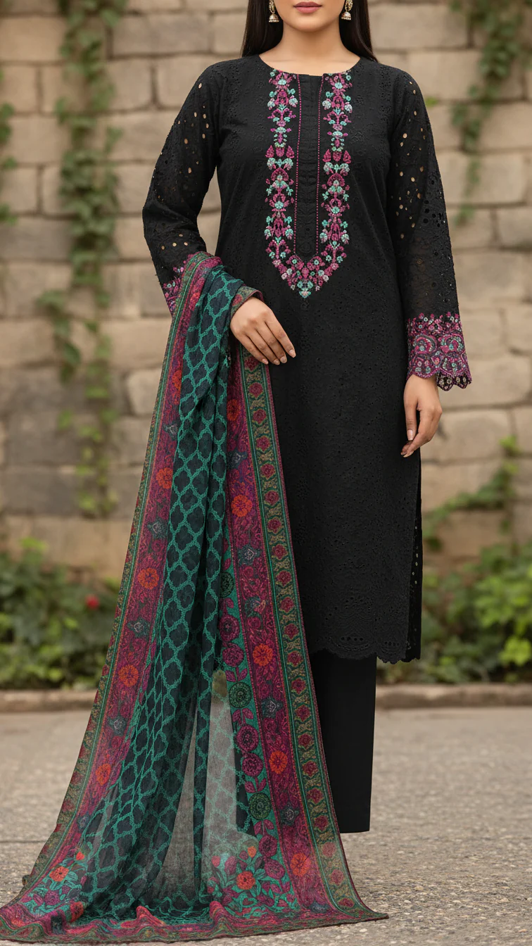 3PC- Schiffly Chikankari Lawn Suit PS5342