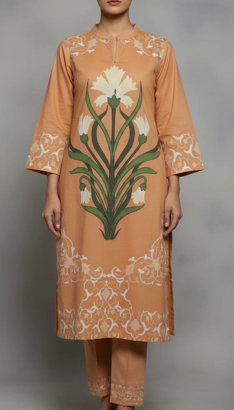 Beige Digital Printed Cotton Cambric Shirt PW5208