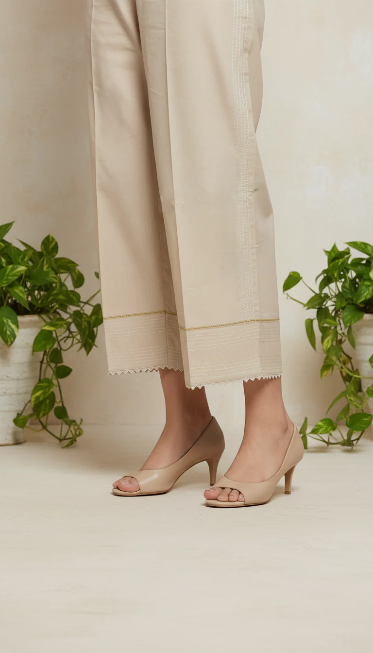Beige Embellished Cambric Trouser PL6021