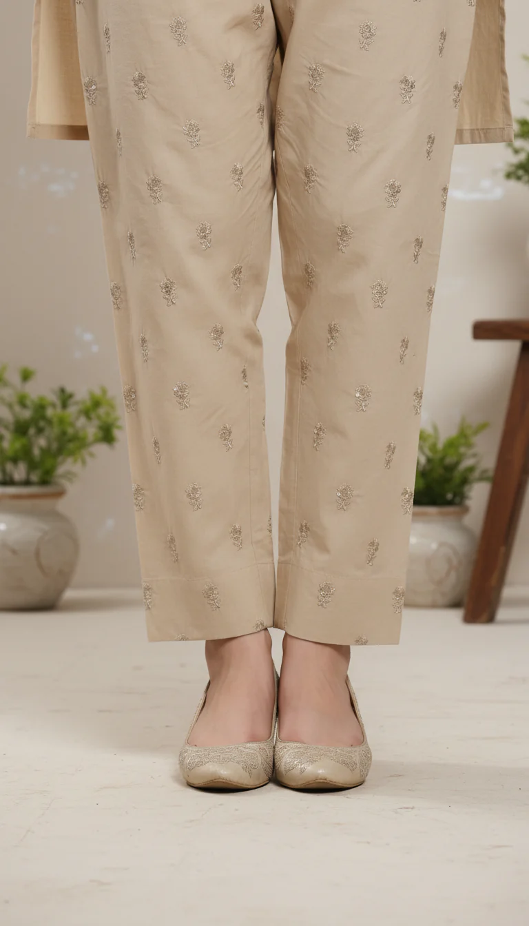 Beige Embellished Cambric Trouser PL6024