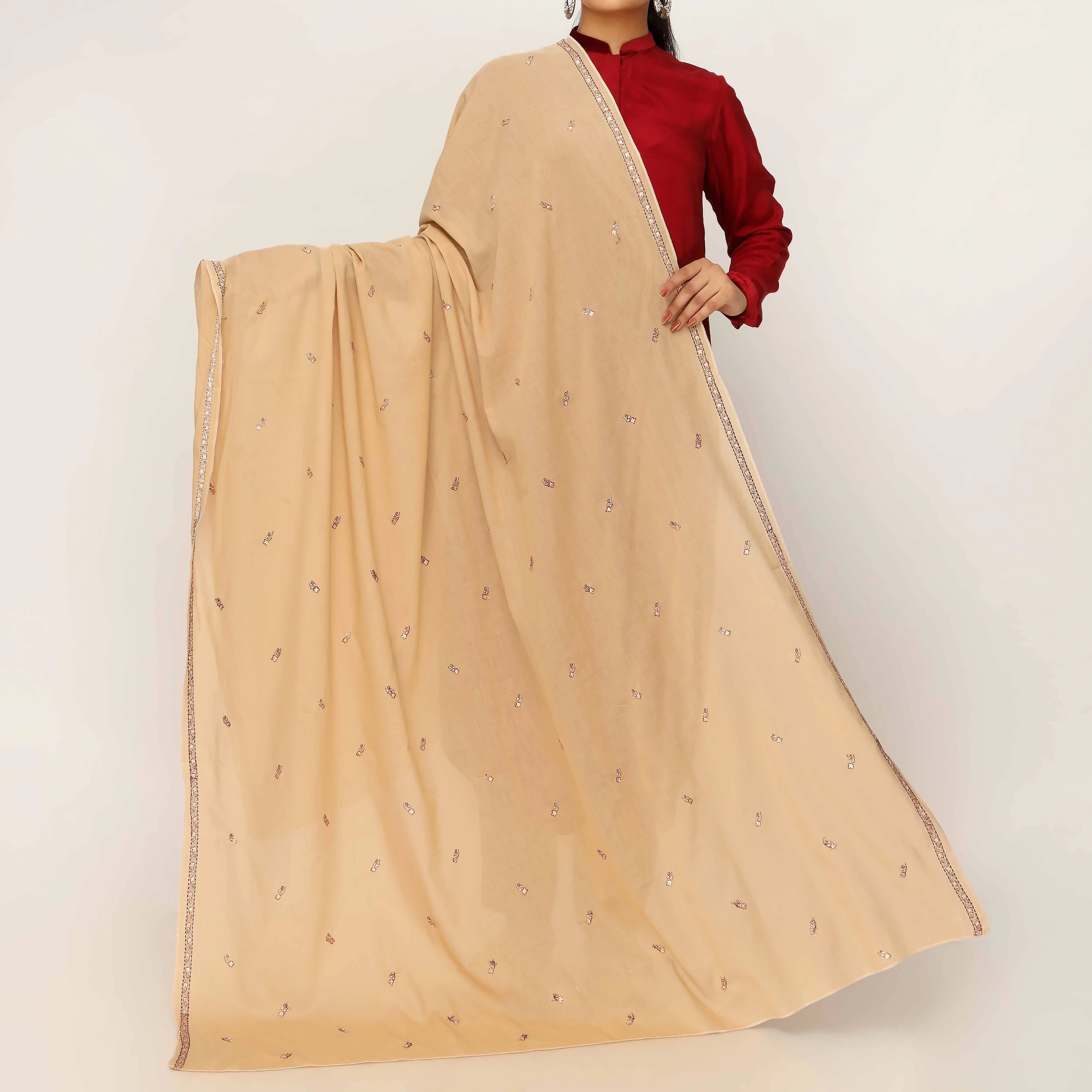 Beige Embroidered Cotton Dupatta PD5476