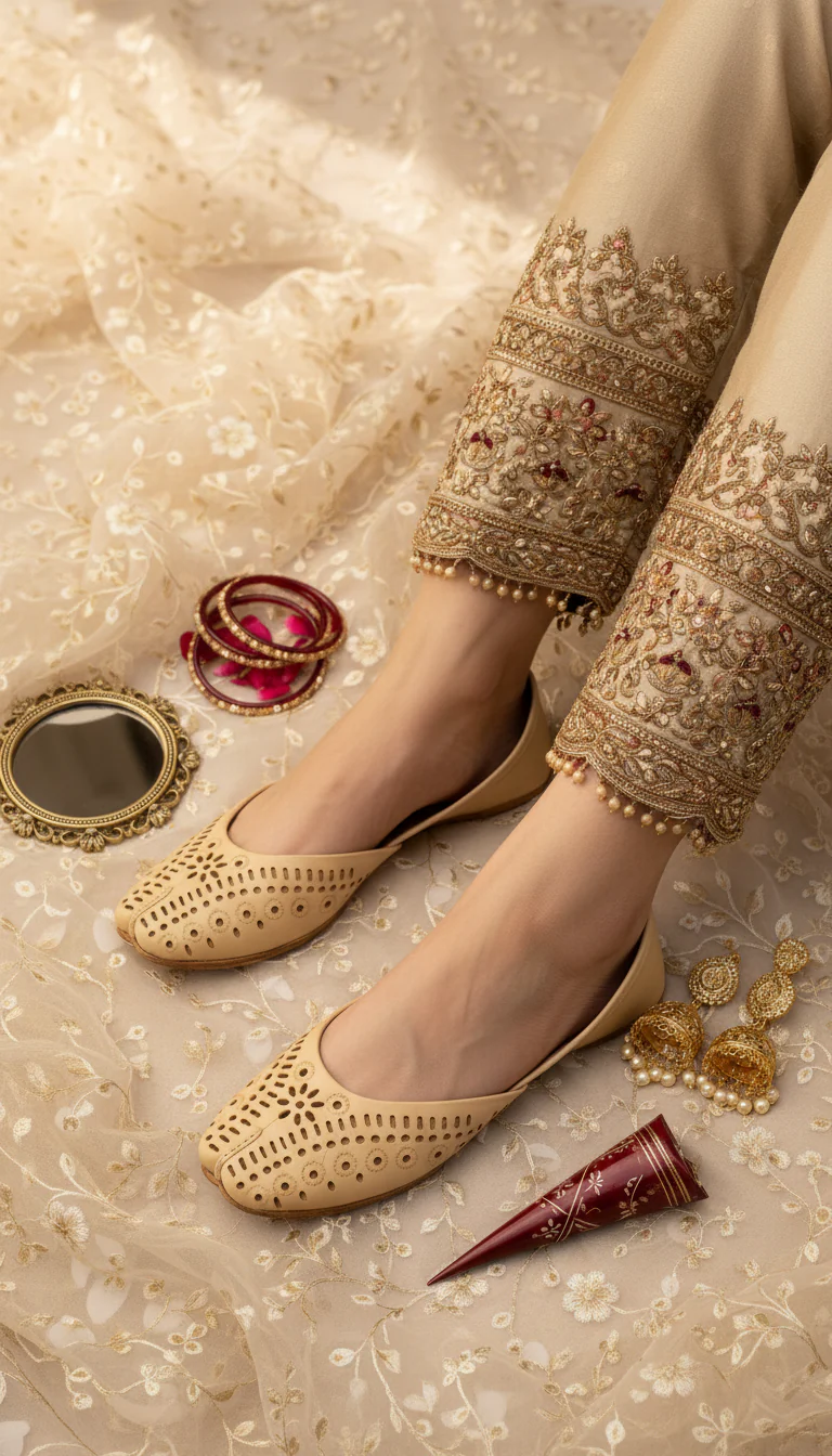 Beige Leather Khussa For Women EC8713