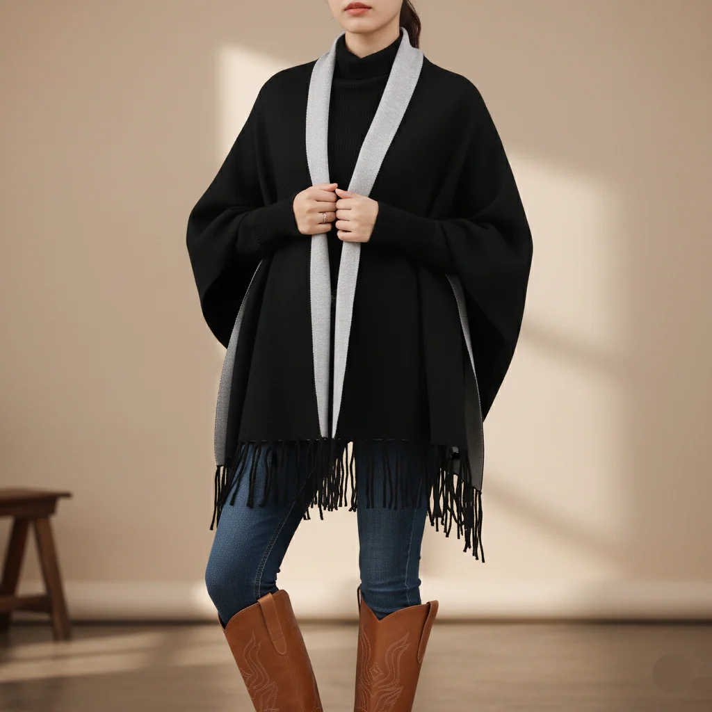 Black 2 Tone Acrylic Cape Shawl PW5619
