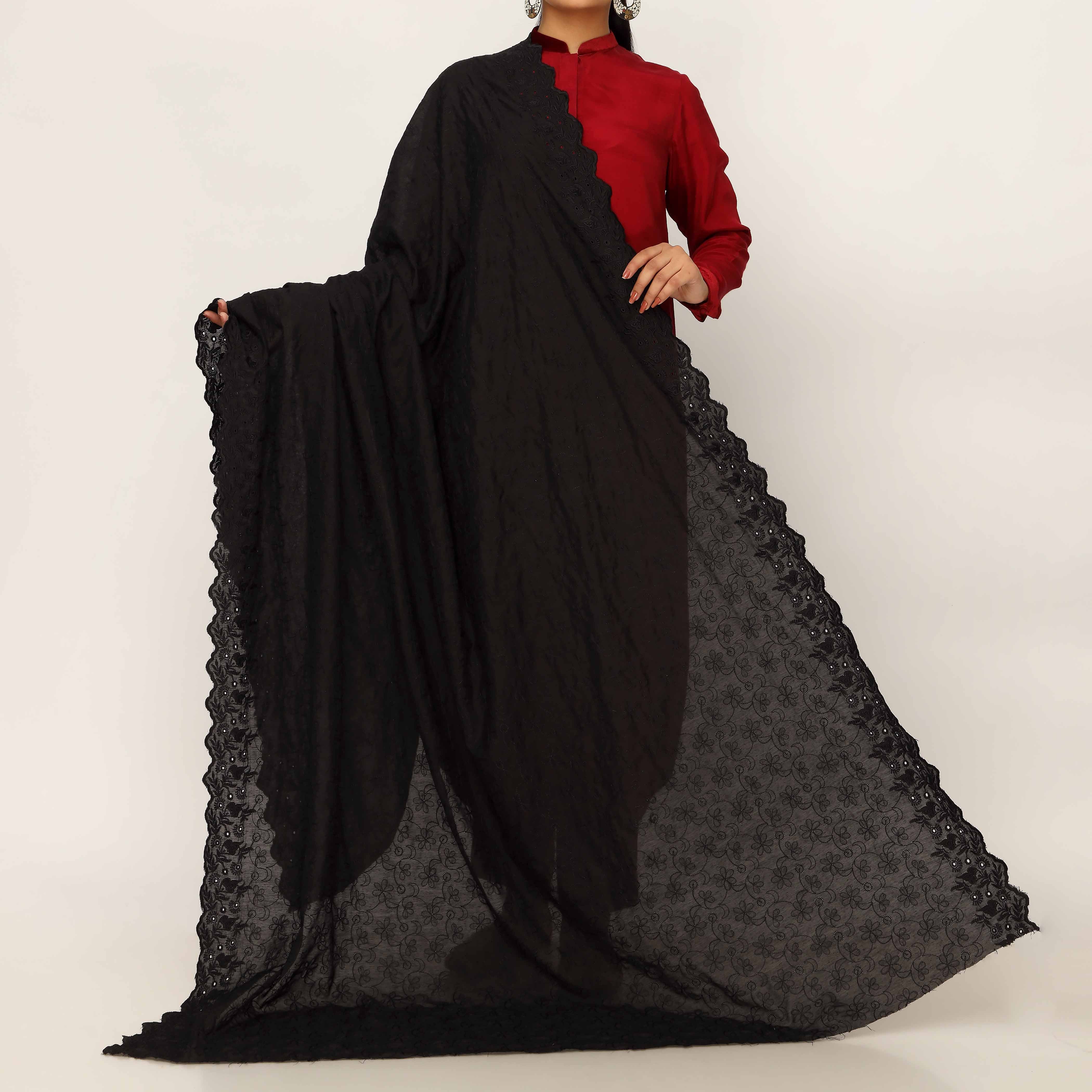 Black Embroidered Cotton Dupatta PD5480