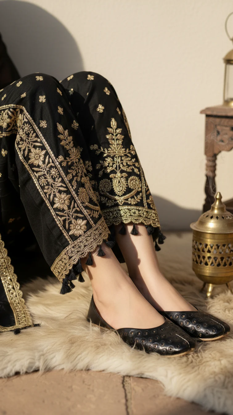 Black Leather Khussa For Women EC8682