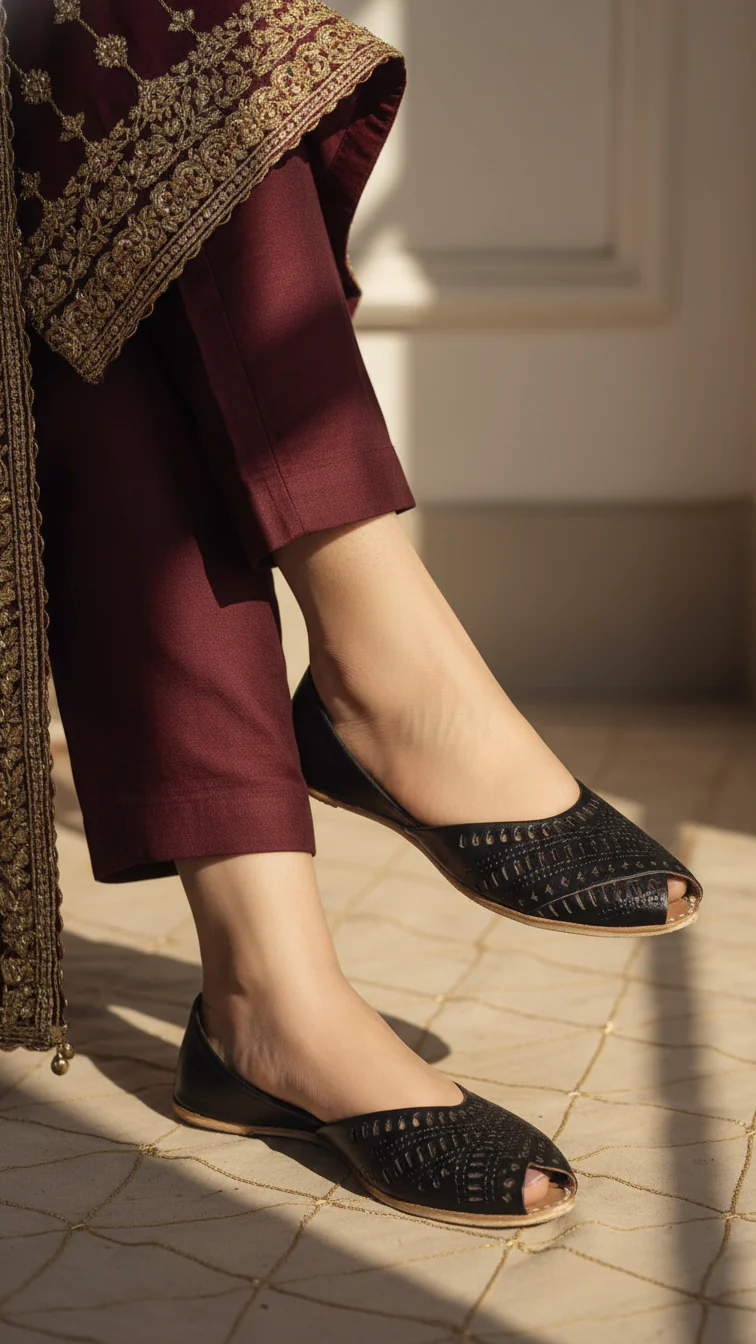 Black Leather Khussa For Women EC8714