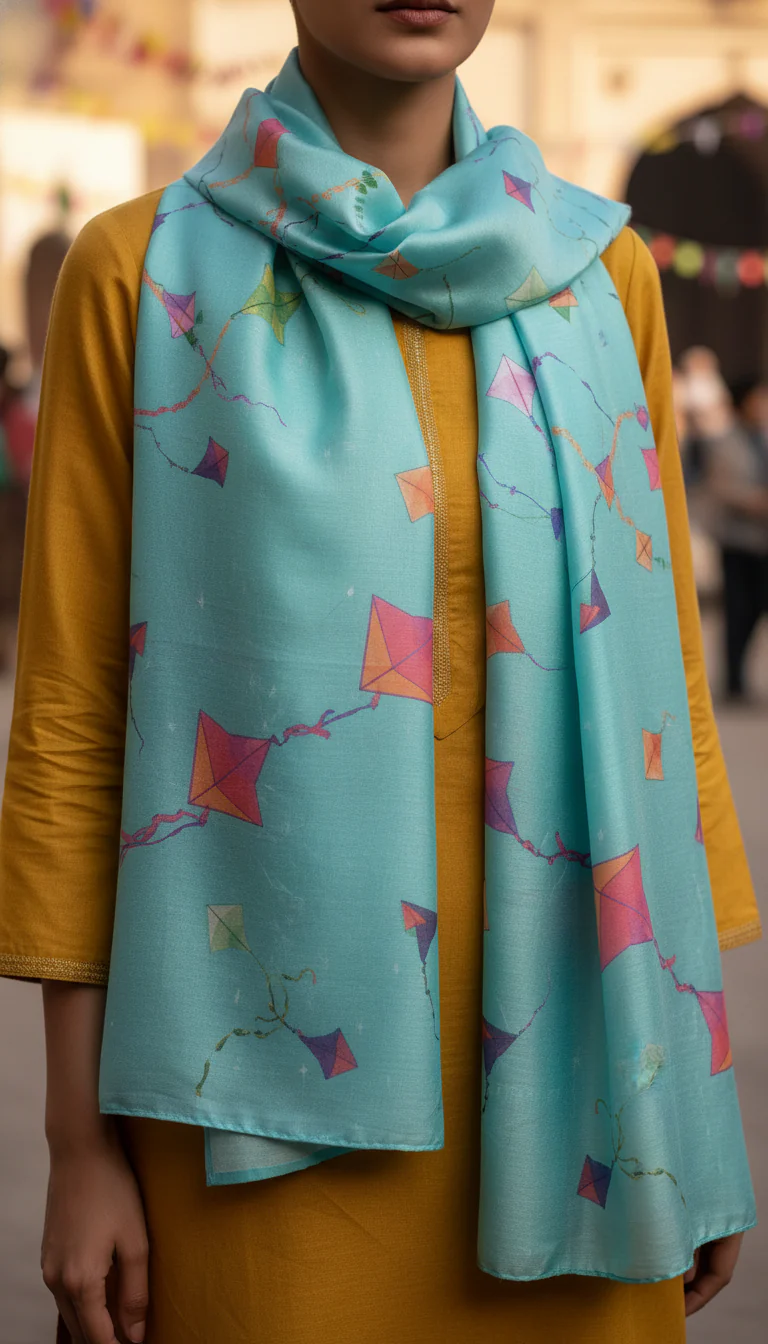 Blue Digital Printed Apple Silk Stole PD6052