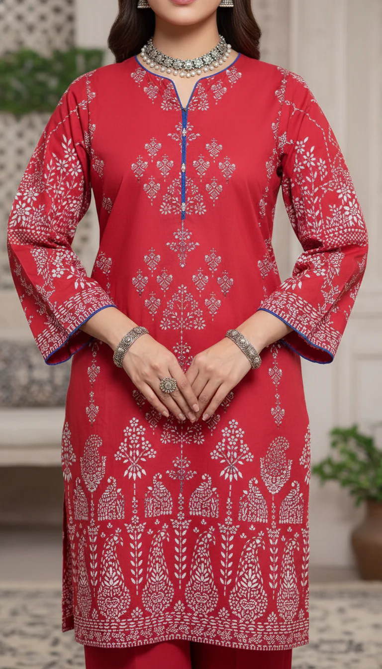 Red Digital Printed Cambric Shirt PS6115