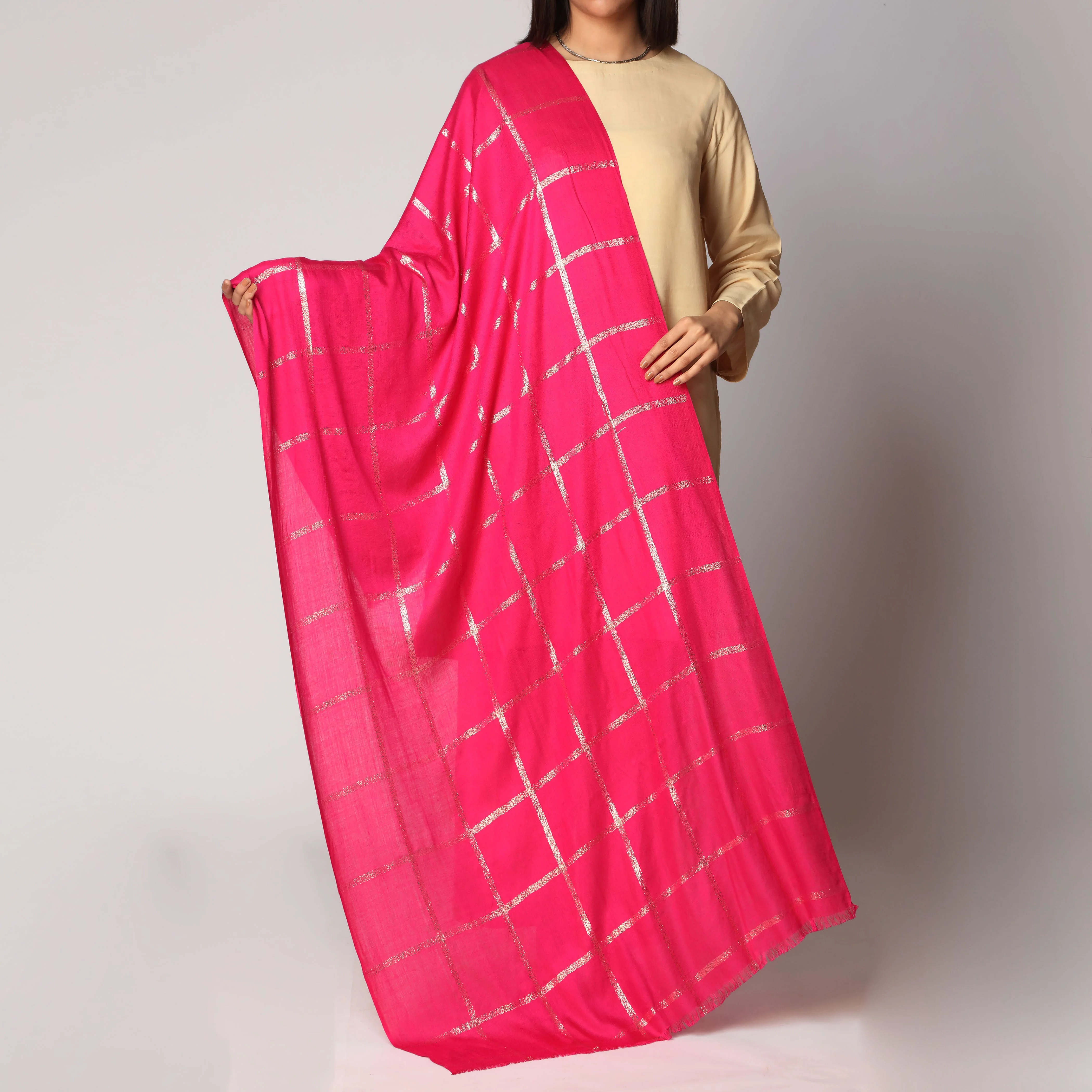 S.Pink Zari Checkered Stole PS3755