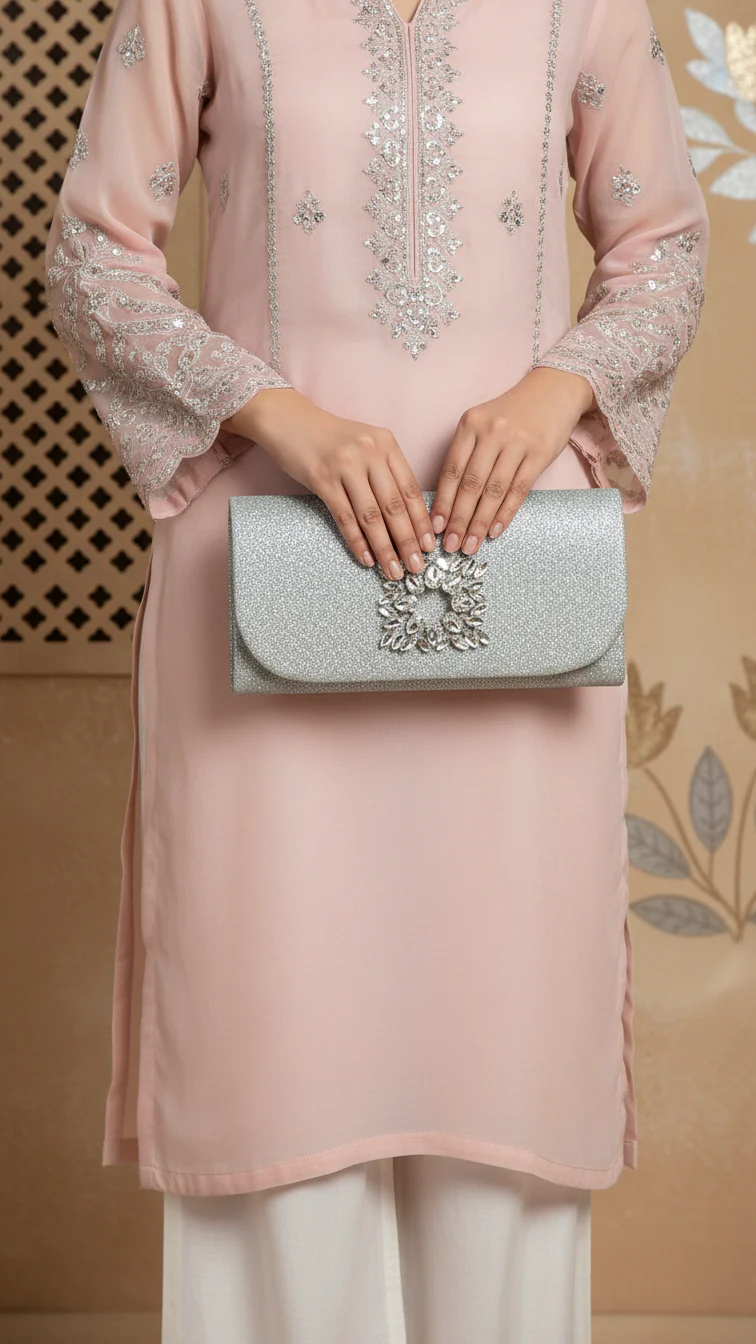 Silver Fancy Clutch For Ladies P24415