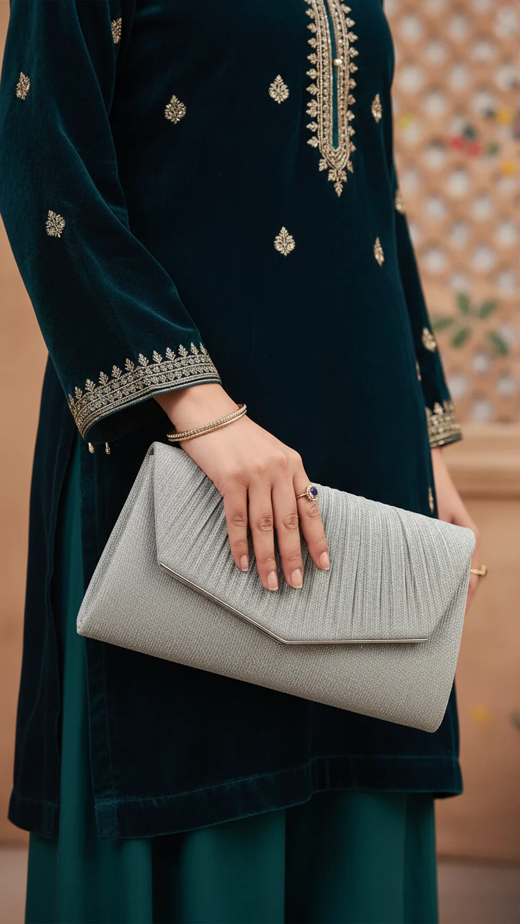 Silver Fancy Clutch For Women P24430