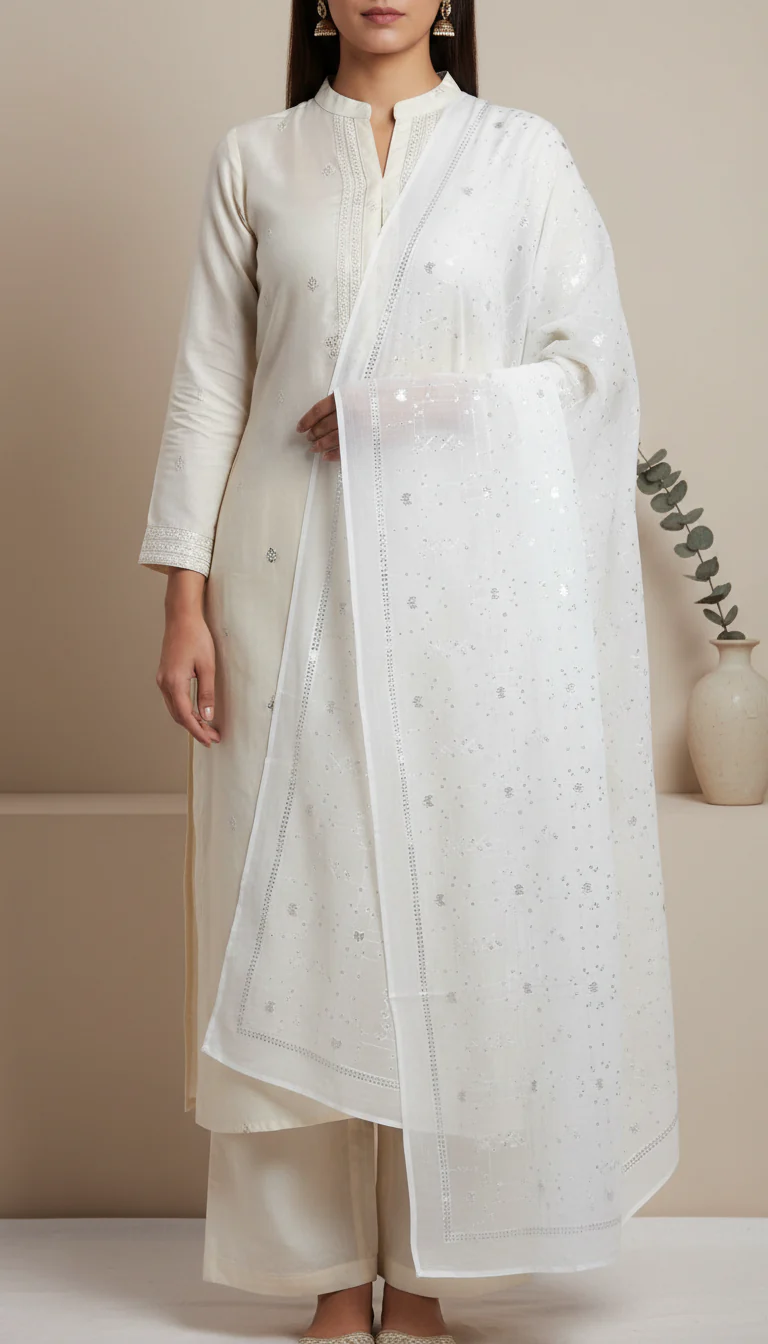 White Embellished Cotton Shawl PD6066